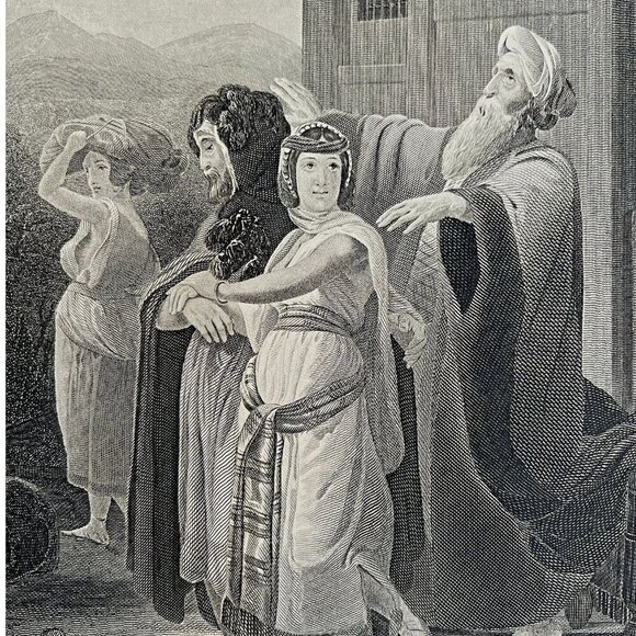 Rebekah Departure Steel Engraving 1872 Schopin Victorian Religious Art DWAA6